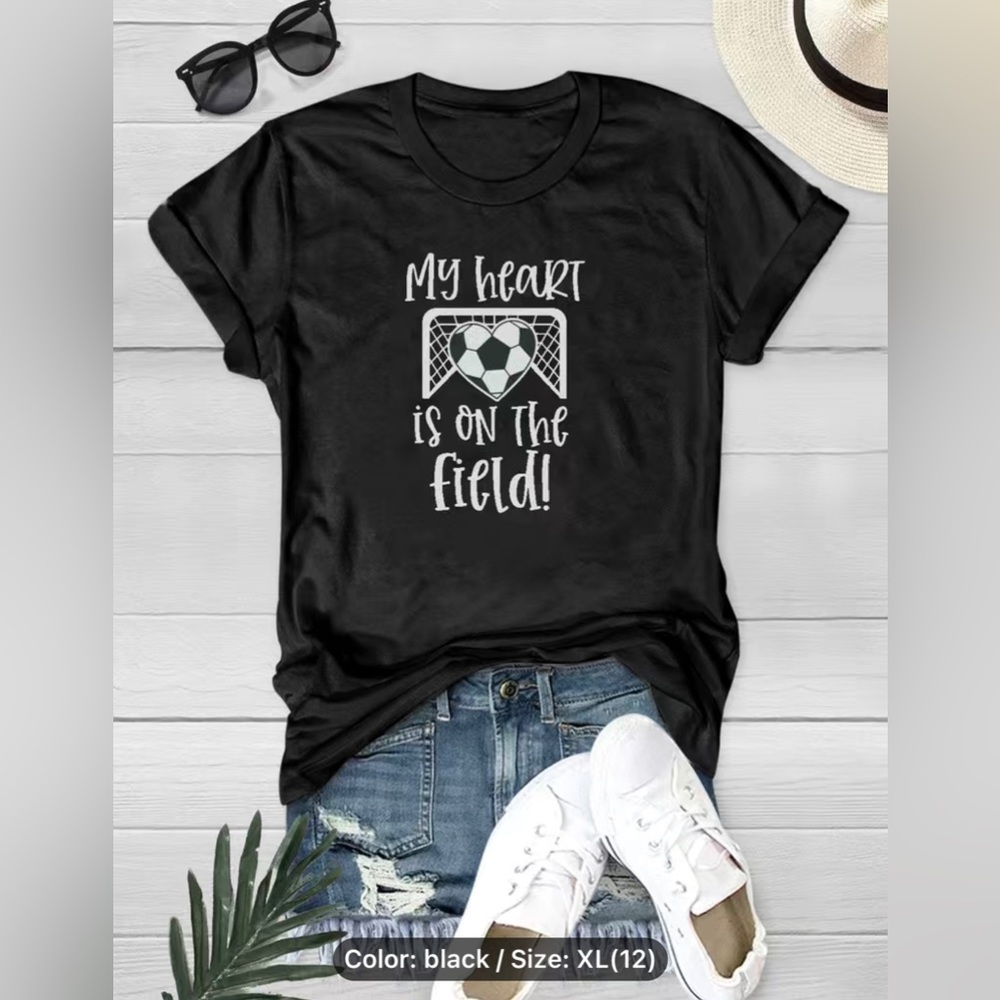 BRAND New "My heart is on the field!" ⚽️ Short Sleeve T-shirt, BLACK, Size XL